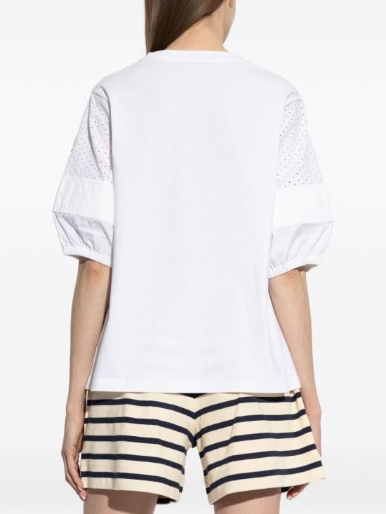Moncler Puffed Sleeve Cotton Jersey Top With Eyelet Detailing