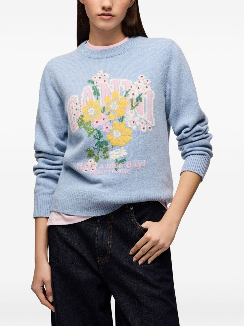 Ganni Light Blue Knit Sweater With Floral Graphic