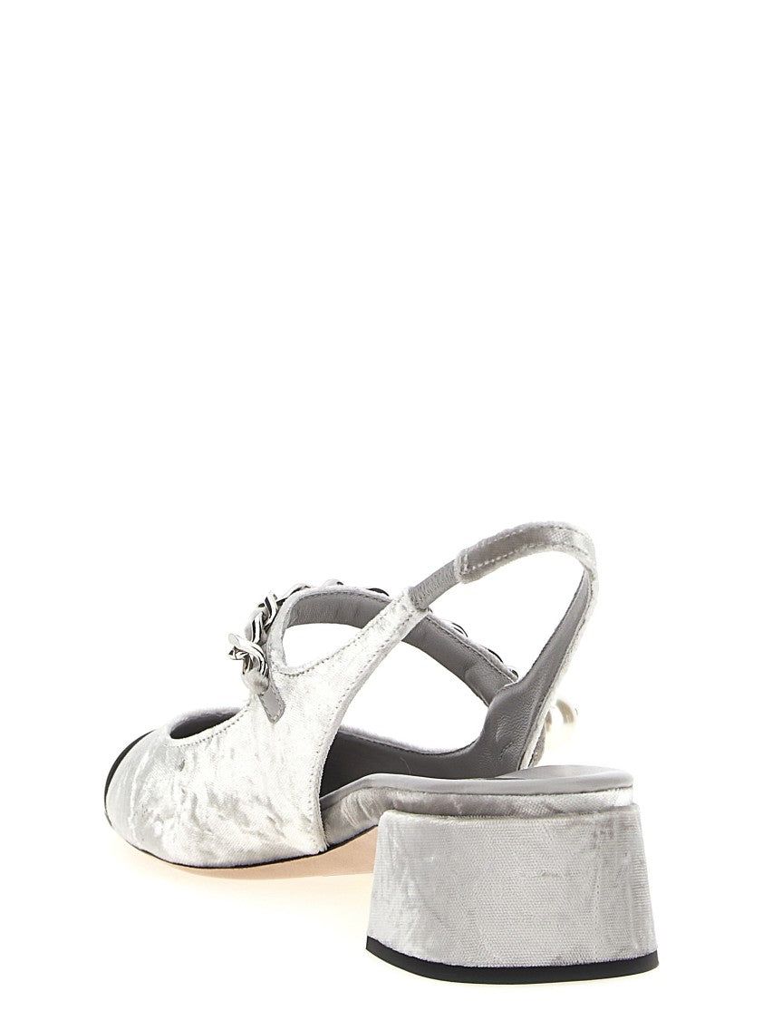 Miu Miu Velvet Slingback Shoes With Chain Detail And Pearl Accent