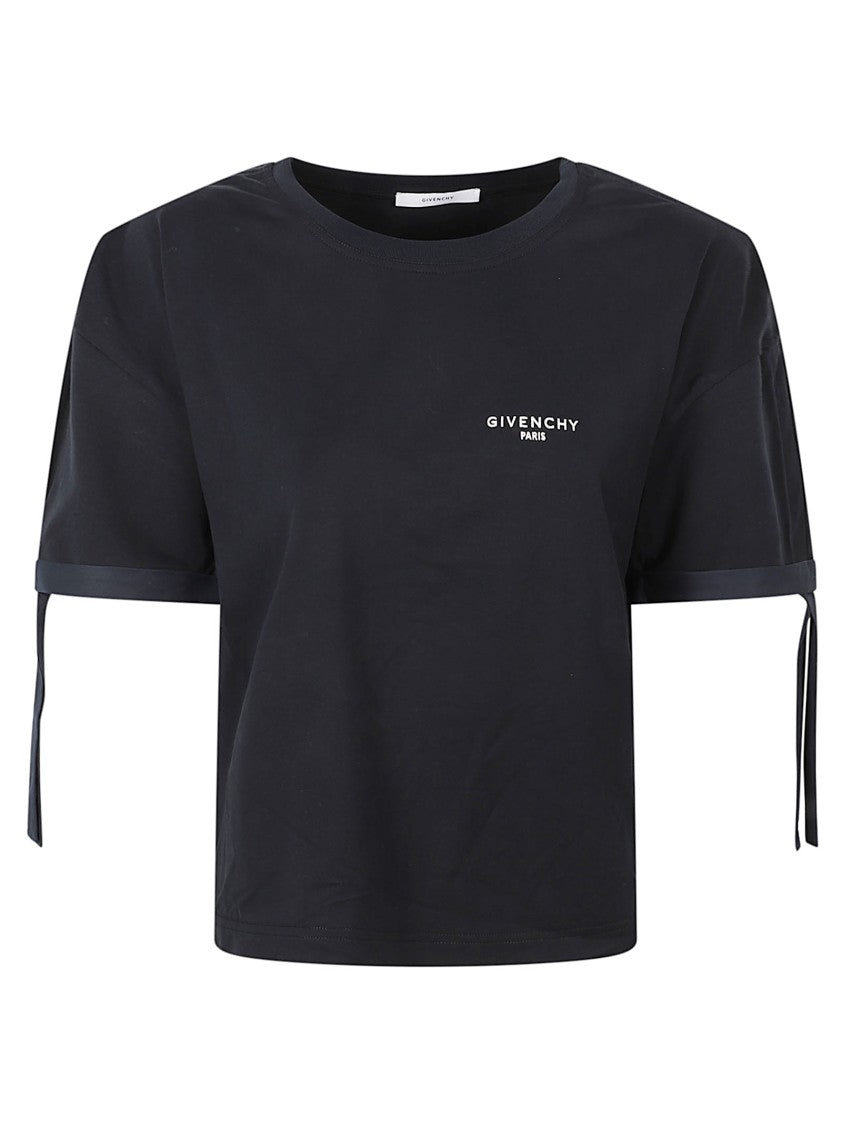 Givenchy Cropped T-Shirt With Ribbon Tie Sleeves And Centered Logo