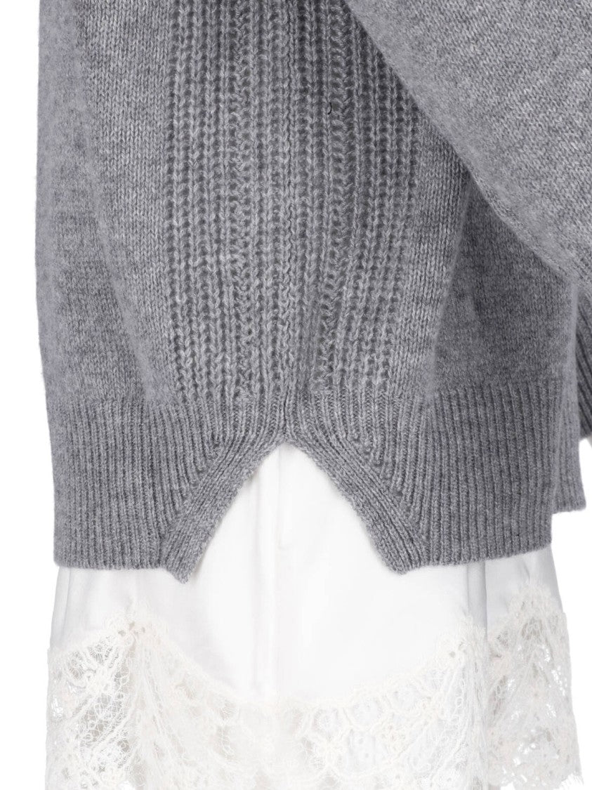 Ermanno Scervino Grey V-Neck Lace Cashmere Mini Dress