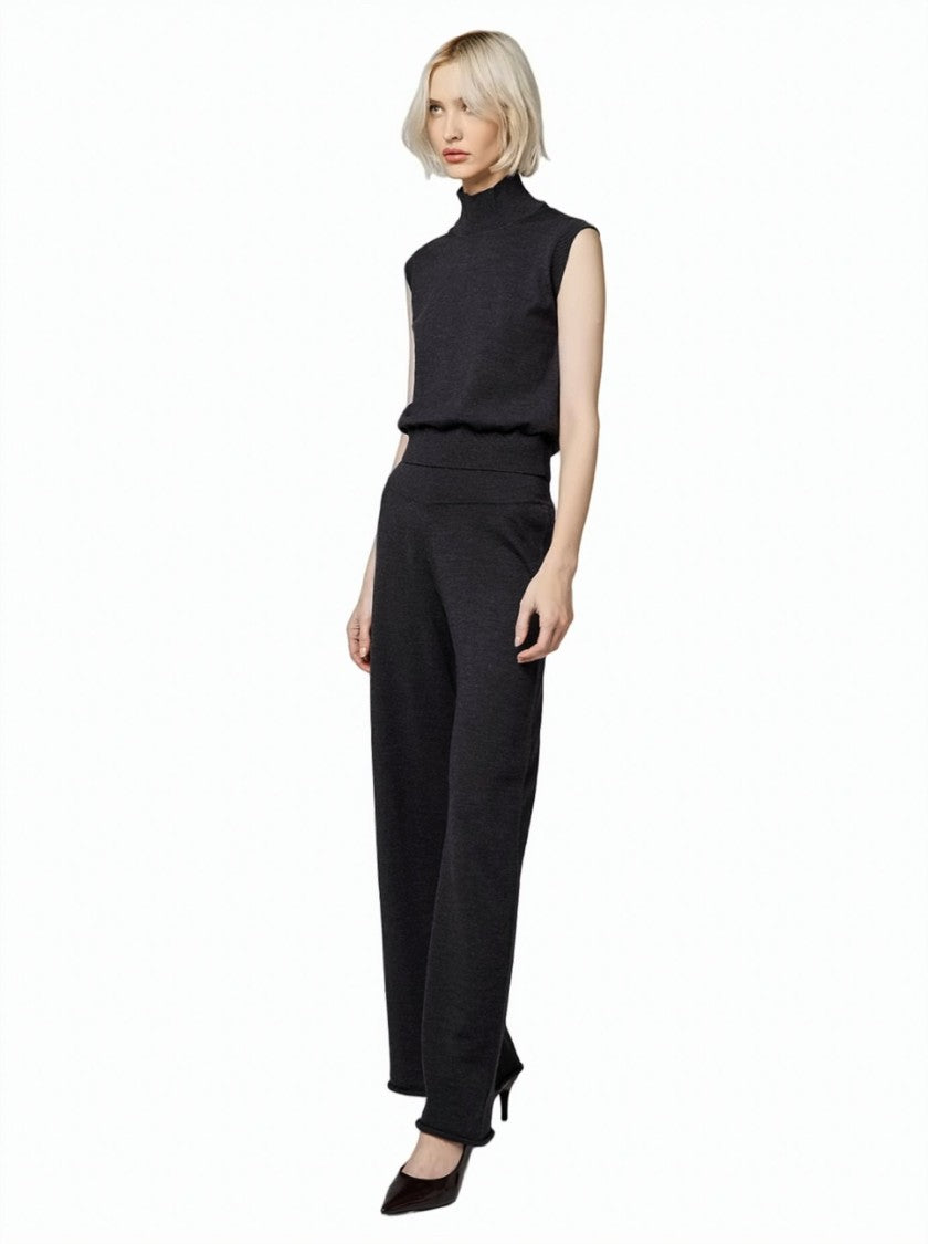 Alpha Studio High-Waisted Elastic Waistband Merino Wool Wide-Leg Pants