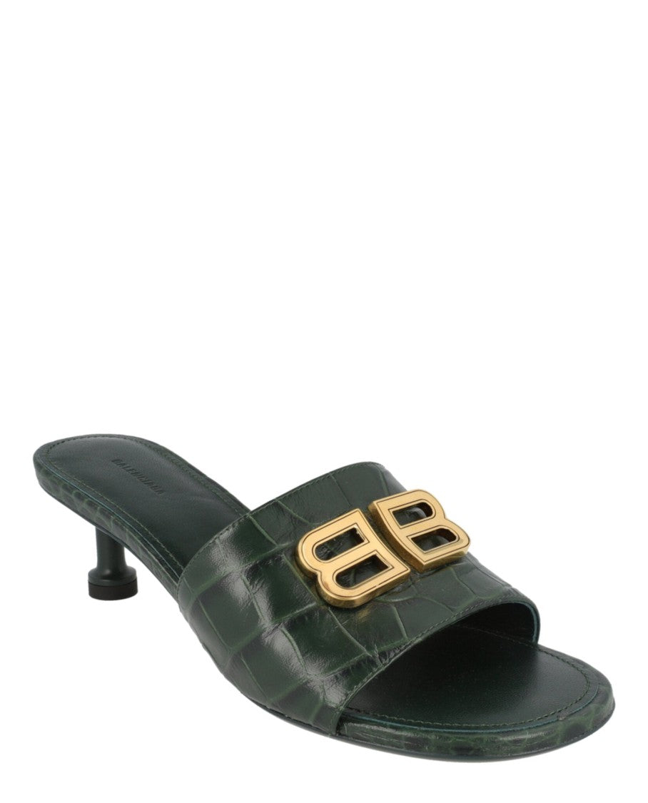 Balenciaga Croc-Embossed Green Mules With Trumpet Heel And Gold-Tone Logo