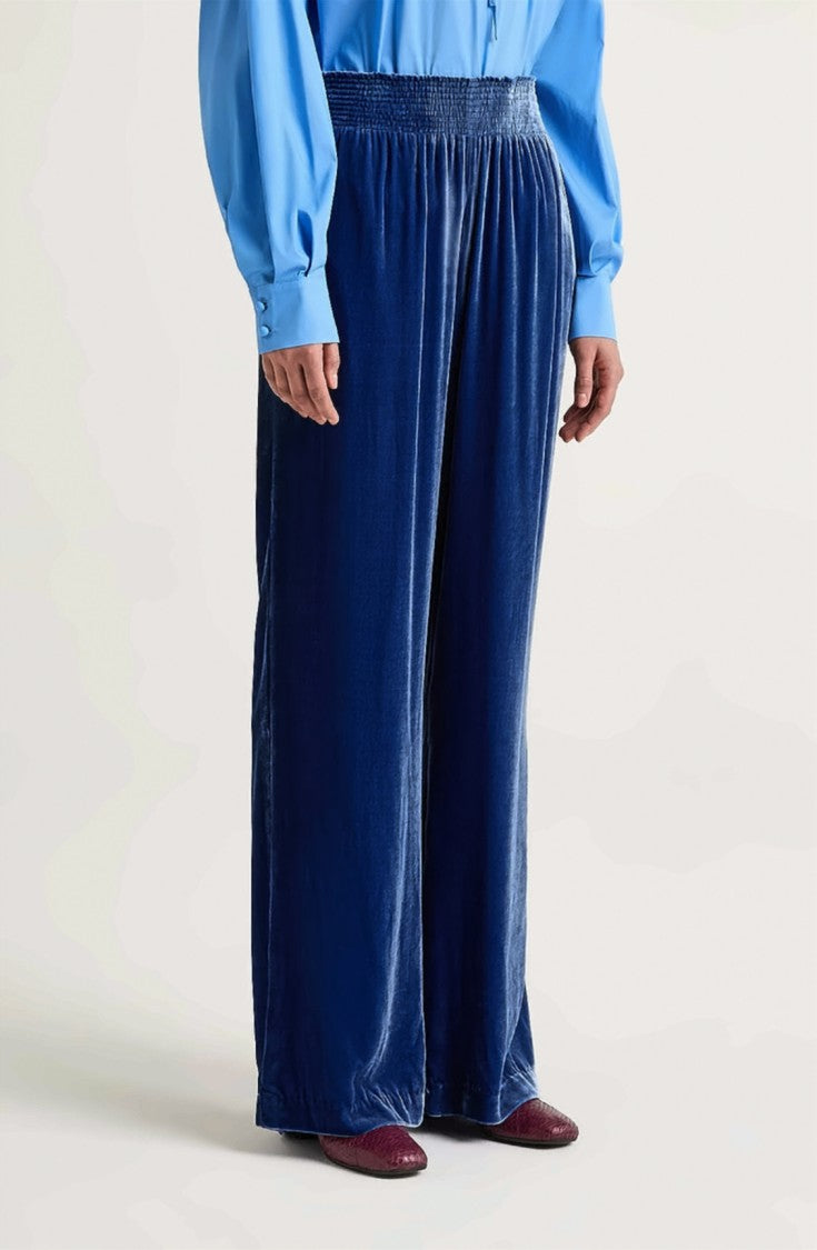 Maliparmi Fluid Velvet Smocked High-Waisted Wide-Leg Pants