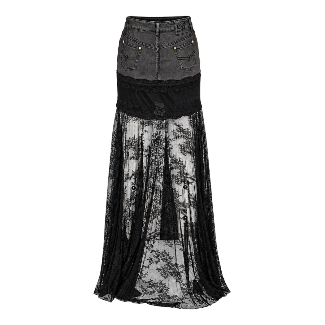 Blumarine High-Waisted Denim Sheer Lace Midi Skirt