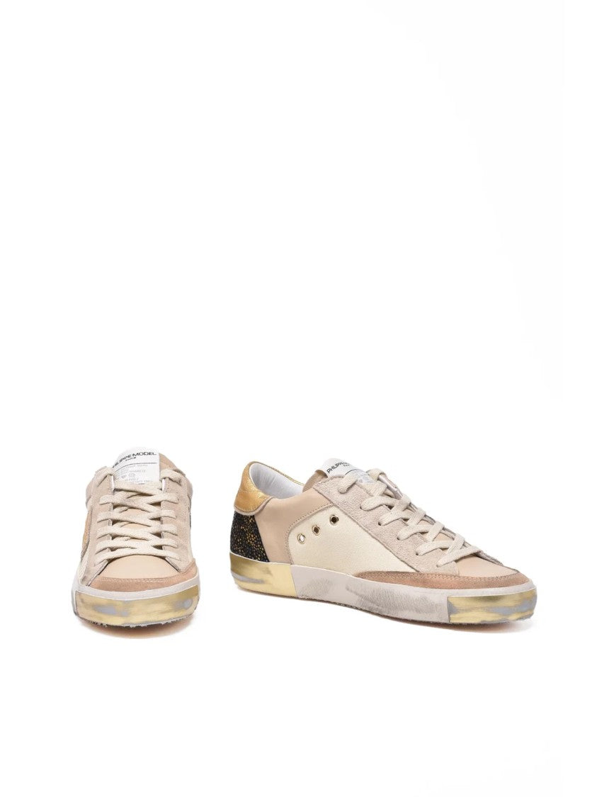 Philippe Model Beige-Gold Leather Paris Low Sneakers
