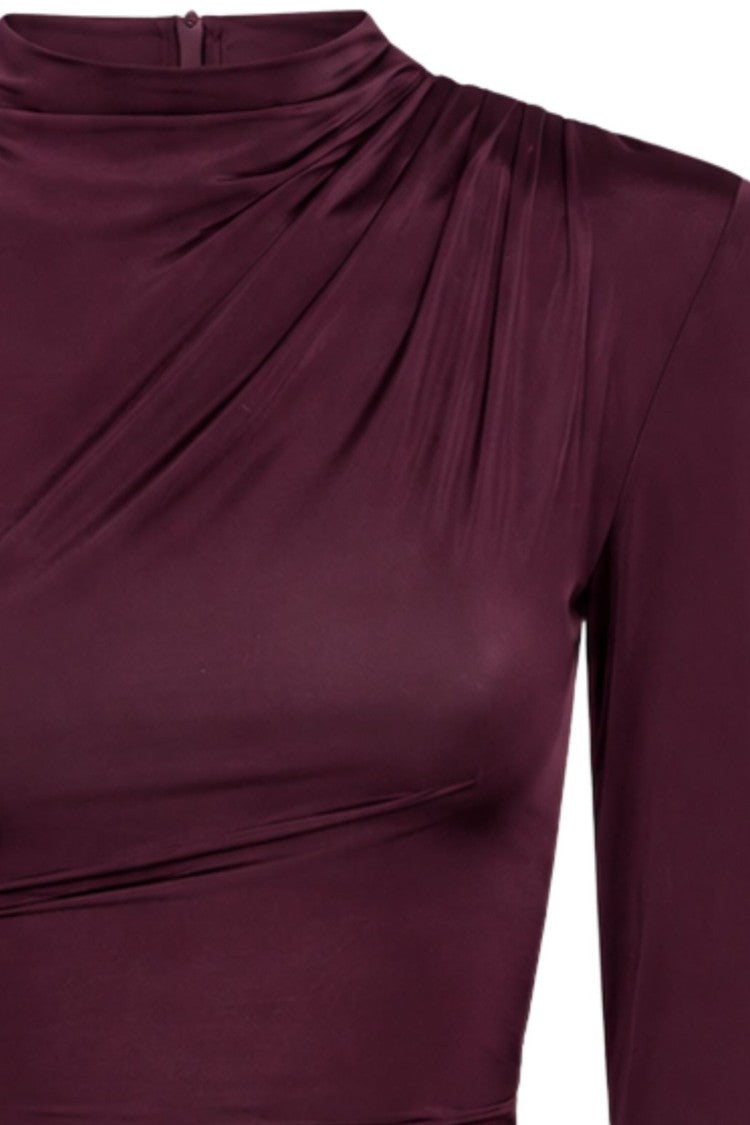 Rotate Wine High Neck Draped Long-Sleeve Mini Dress
