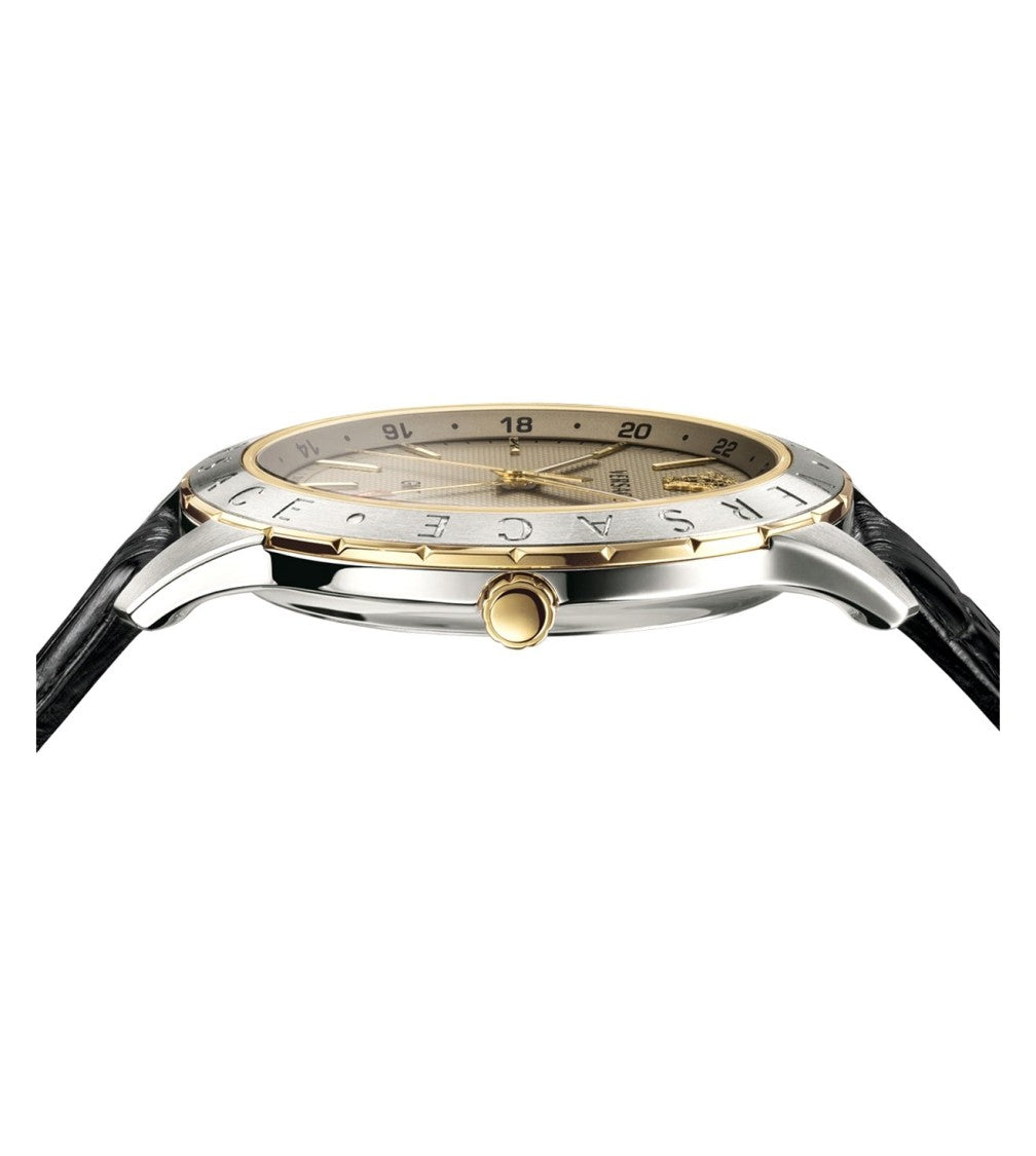 Versace Univers Gmt 43Mm Steel Timepiece With Textured Gold Dial