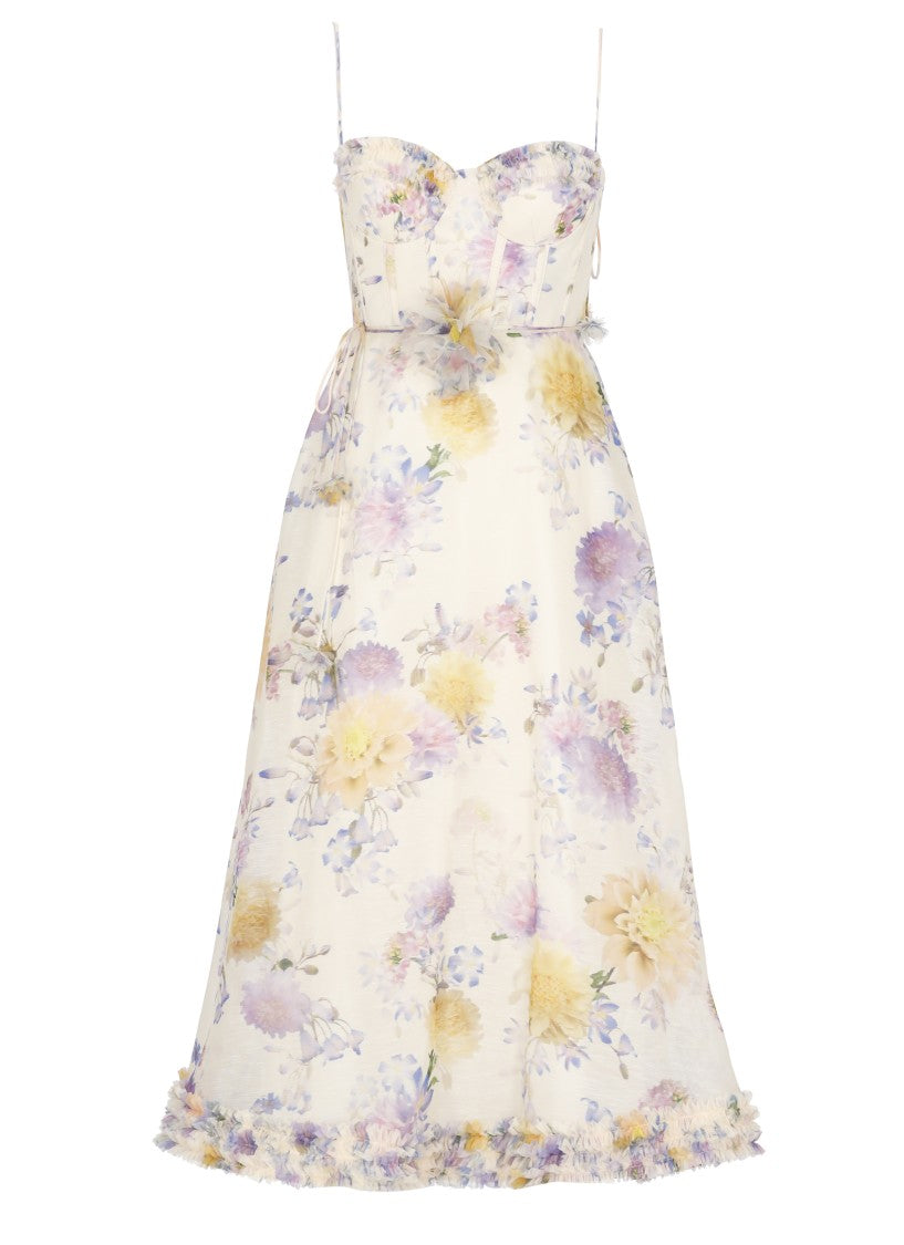 Zimmermann Heart-Neck Midi Dress With Volant Details And Floral Accents