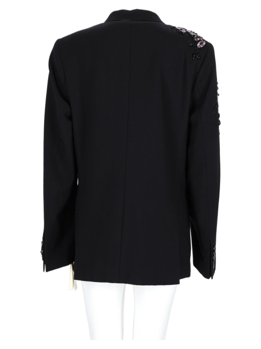Dries Van Noten Black Double-Breasted Floral Embellished Wool Blazer