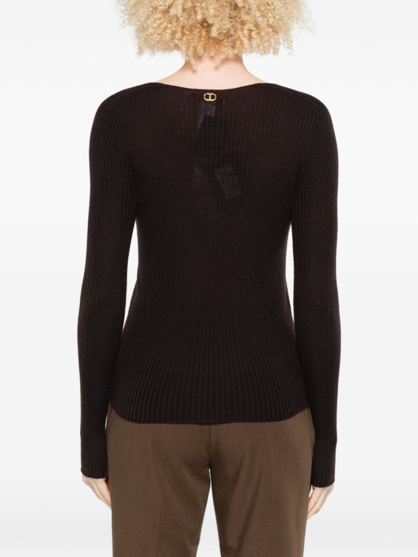 Twin-Set Fitted Brown Wool Sweater With Deep V-Neckline