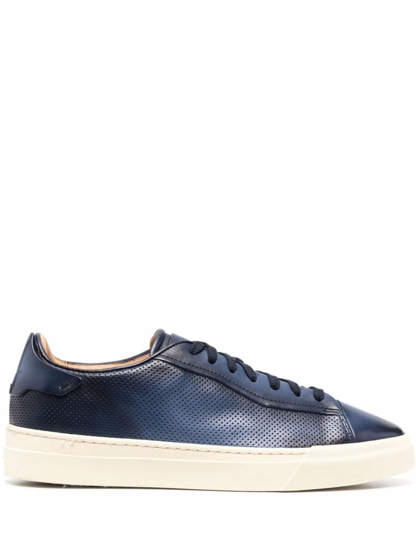 Santoni Perforated Blue Leather Trainers With Rubber Sole