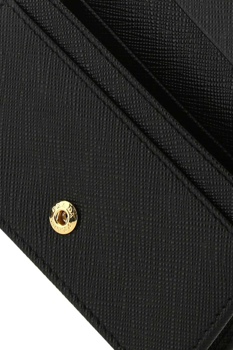 Prada Textured Black Card Wallet With Triangular Metal Logo