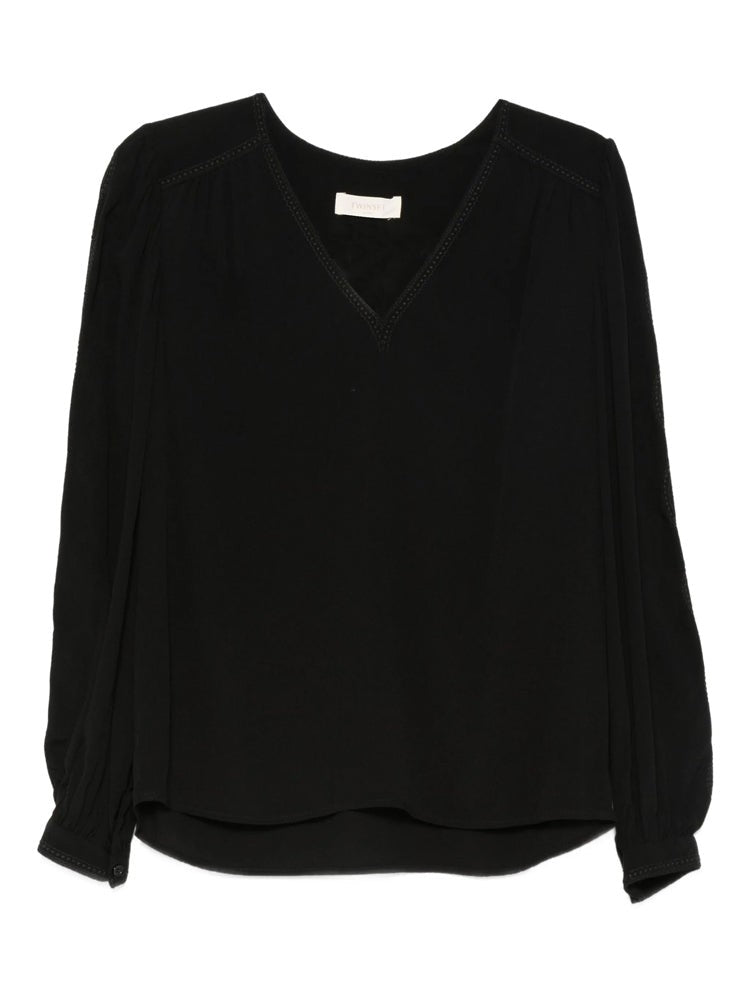 Twin-Set Black V-Neck Gathered-Cuff Viscose Blouse