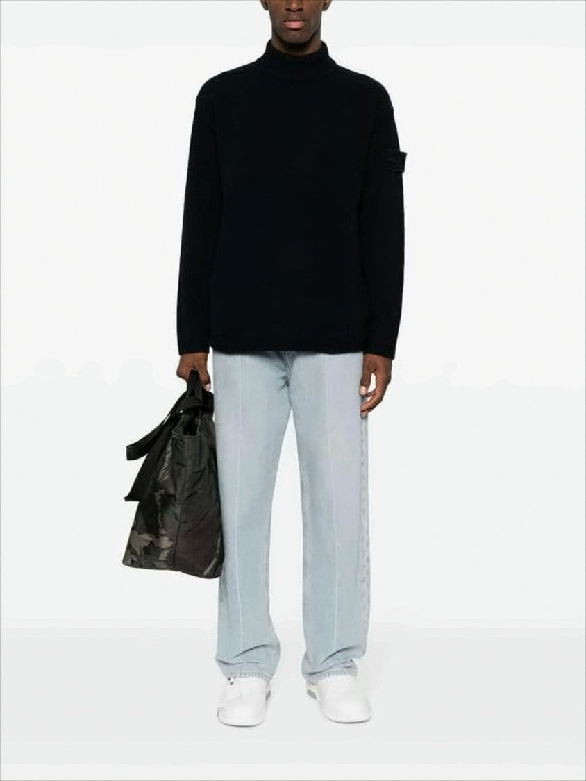 Stone Island Ribbed Black Wool Turtleneck Sweater