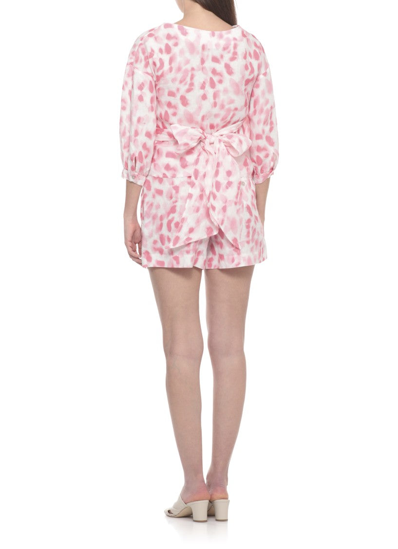 120% Lino White Pink Print Linen Blouse