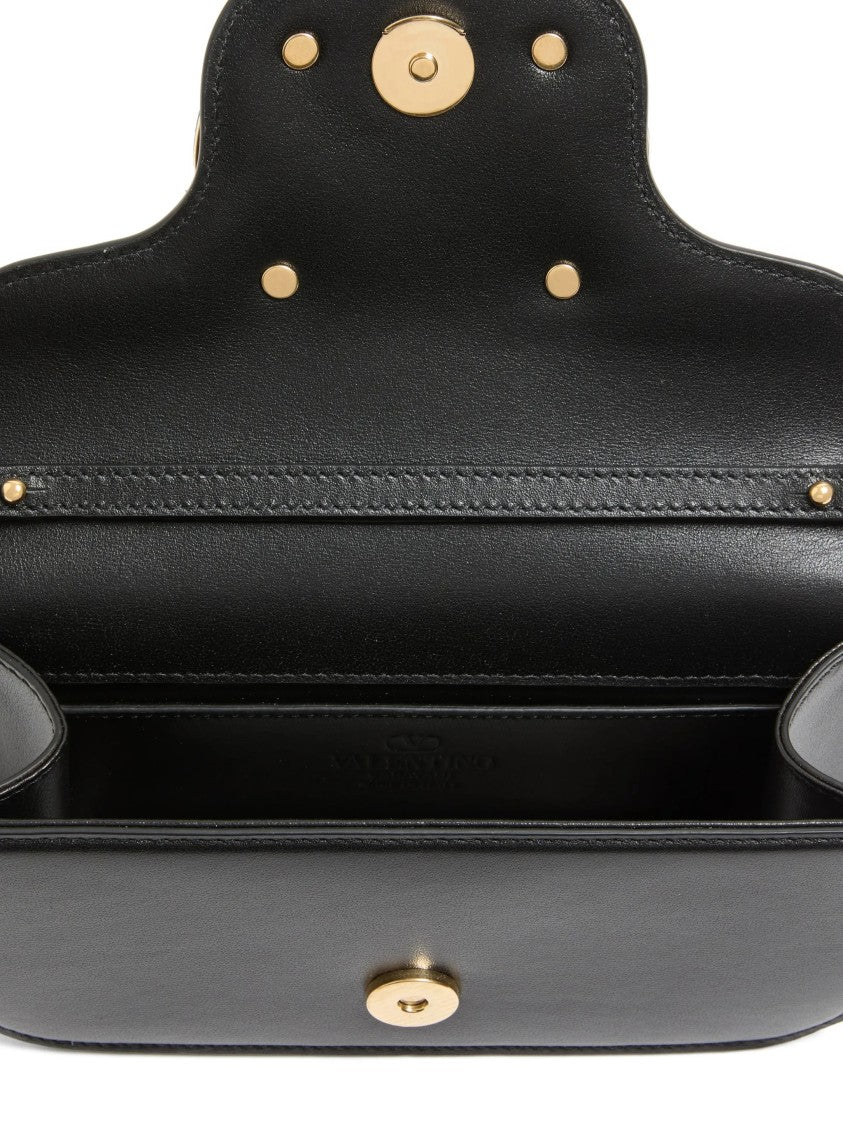 Valentino Structured Black Leather Shoulder Bag With Oval Logo Emblem