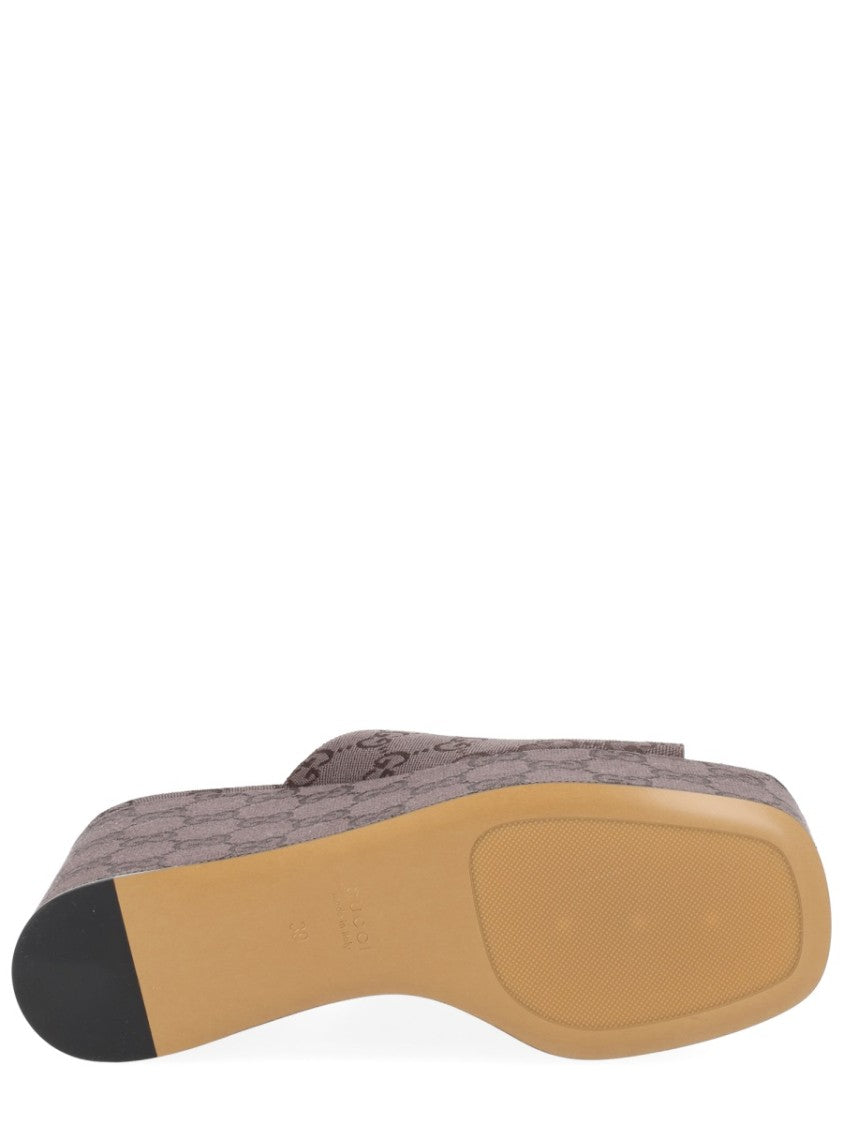 Gucci Gg Monogram Horsebit Fabric Wedge Sandals