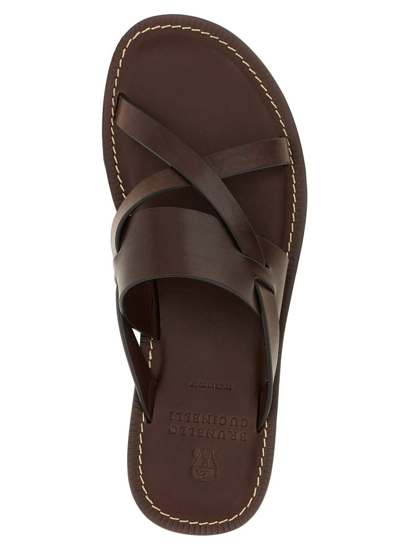 Brunello Cucinelli Brown Leather Sandals With Tpu Rubber Islands