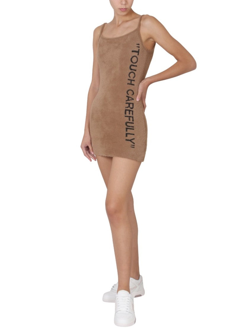 Off-White Fuzzy Mini Dress With Round Neckline