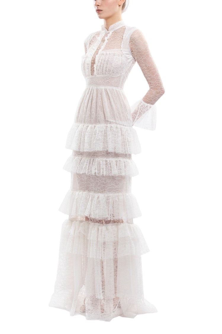 Saiid Kobeisy Off-White Lace Maxi Dress With Gathered Skirt And Long Sleeves