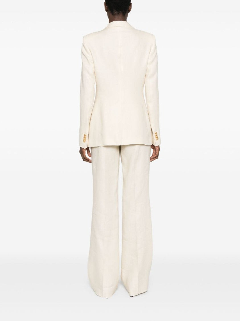 Tagliatore Ecru Linen Tailored Suit With Wide-Leg Trousers