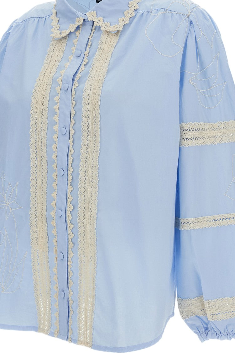 Estrafalario Intricately Embroidered Button-Up Shirt With Lace Trimming