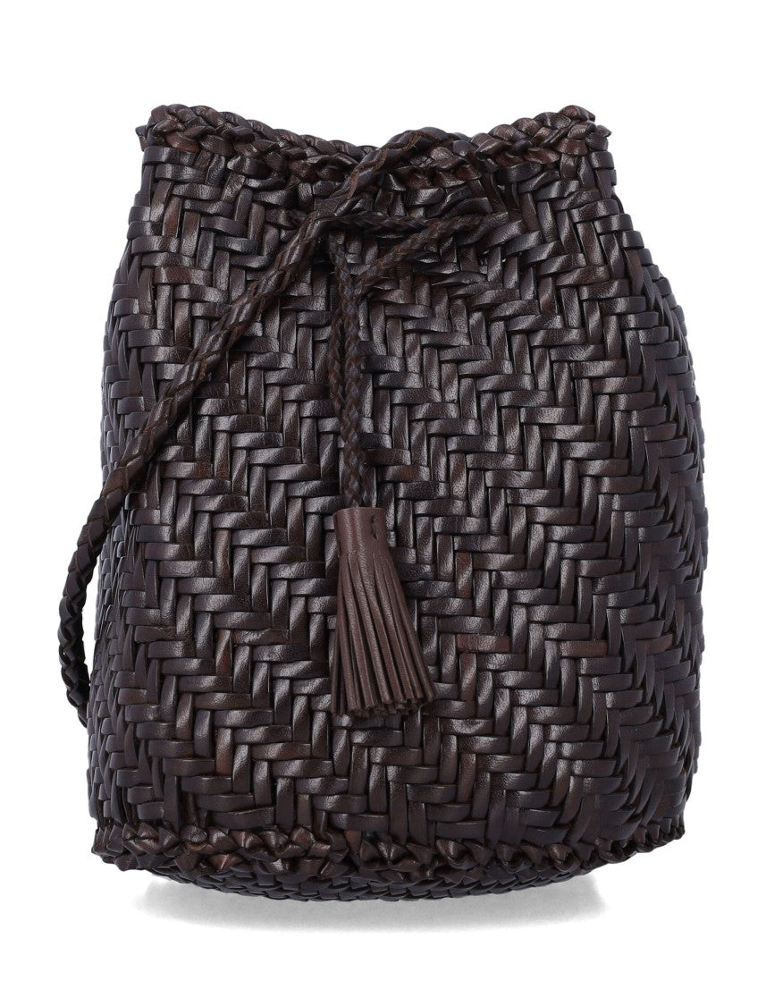 Dragon Diffusion Pompom Dark Brown Woven Bucket Bag