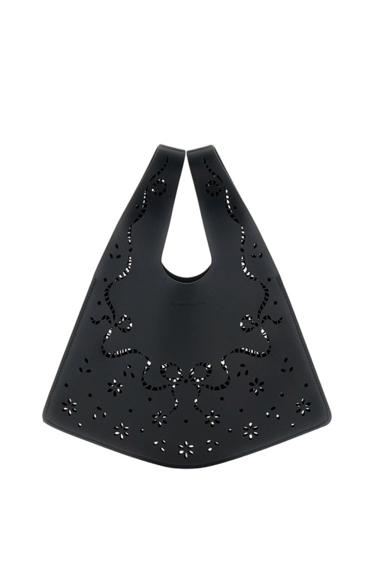 Simone Rocha Black Mini Laser-Cut Floral Leather Shopper Bag