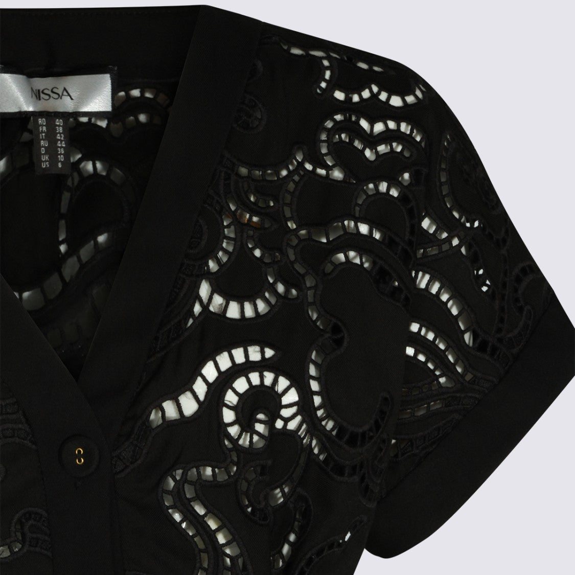 Nissa Fitted Black Tops With Lace Cutouts And V-Neckline