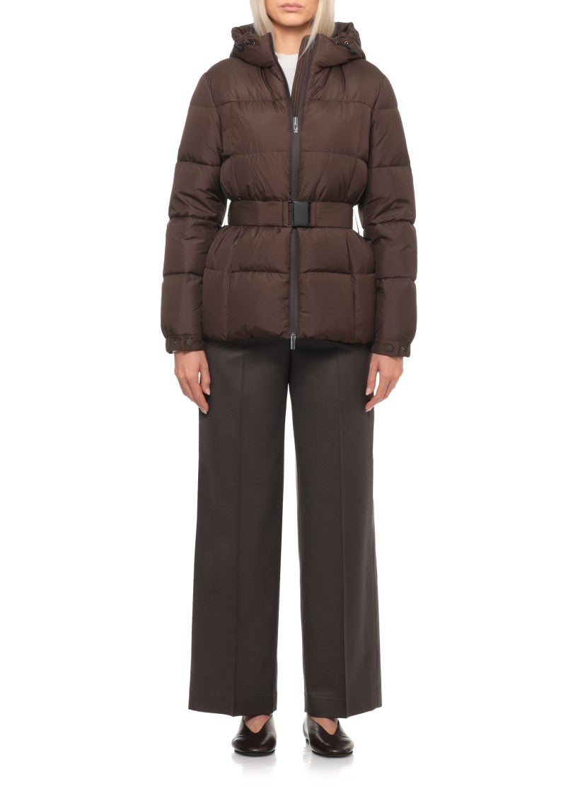 Peserico Brown Hooded Belted Quilted Down Jacket