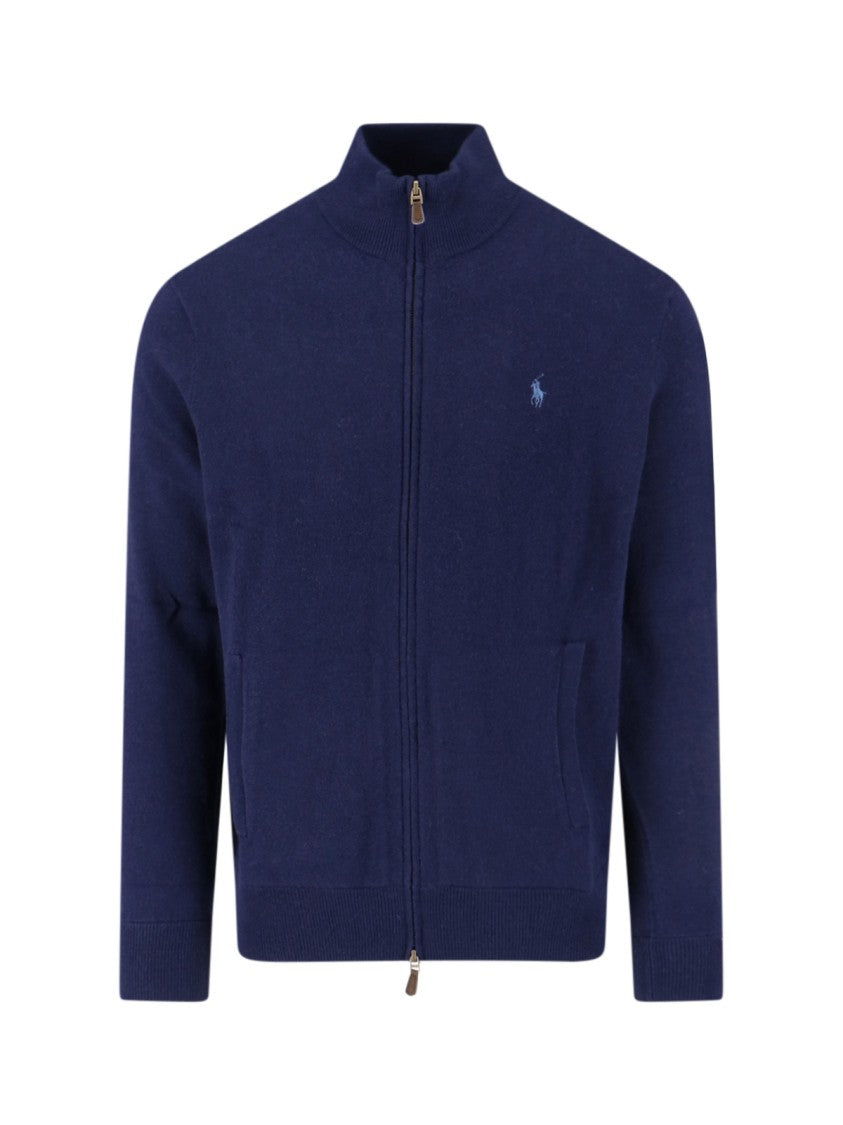 Polo Ralph Lauren Navy Wool Zip-Front Sweater With Logo Embroidery