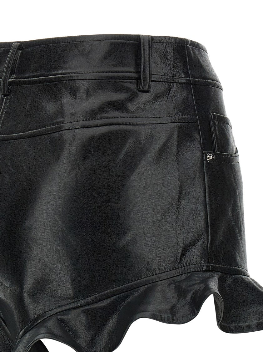 Self-Portrait High-Waisted Black Ruffled Hem Leather-Effect Shorts