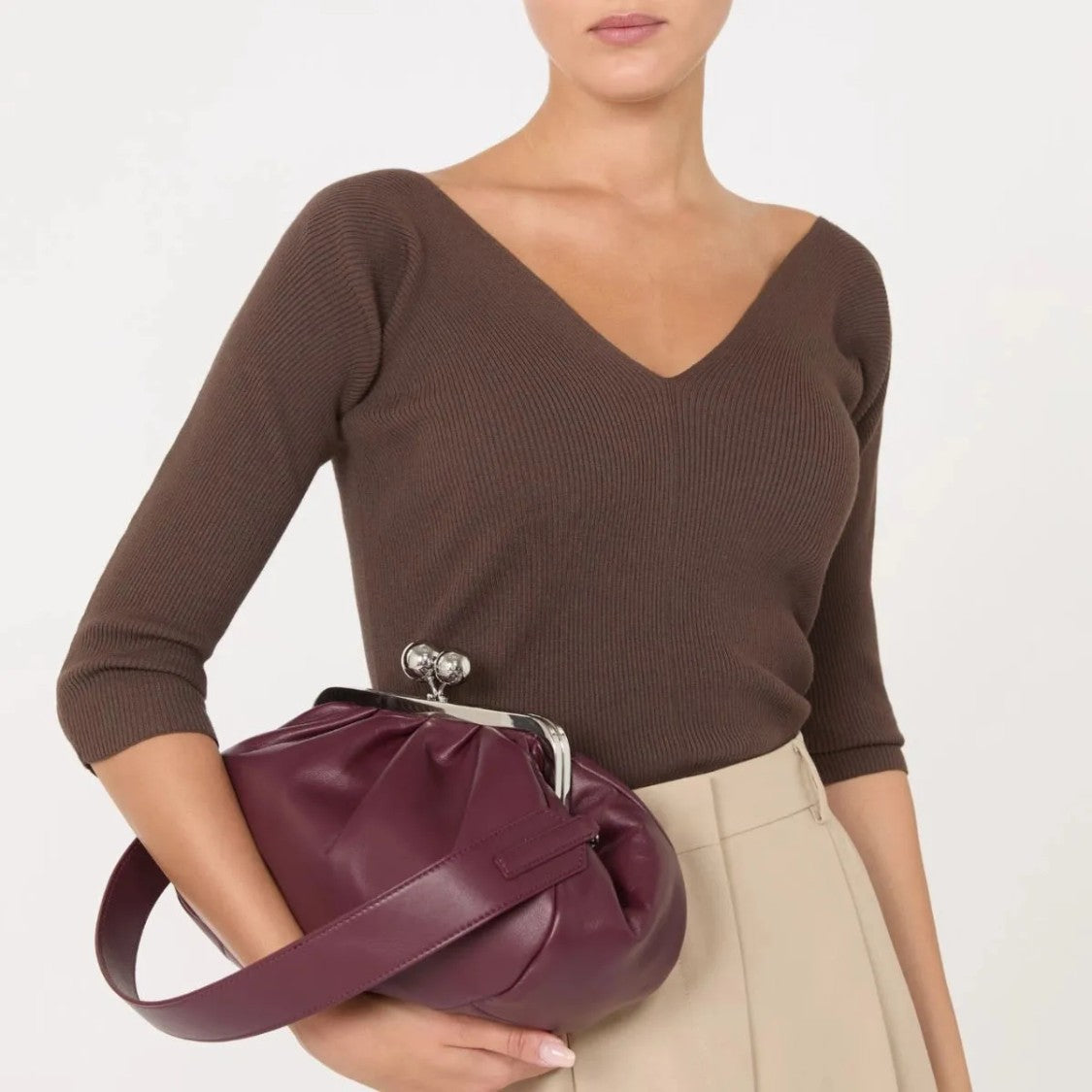 Max Mara Structured Reddish-Purple Leather Shoulder Bag