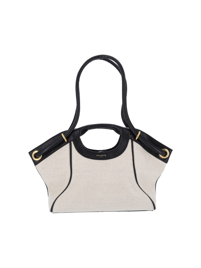 Balmain Beige Canvas Handbag With Black Leather Trim