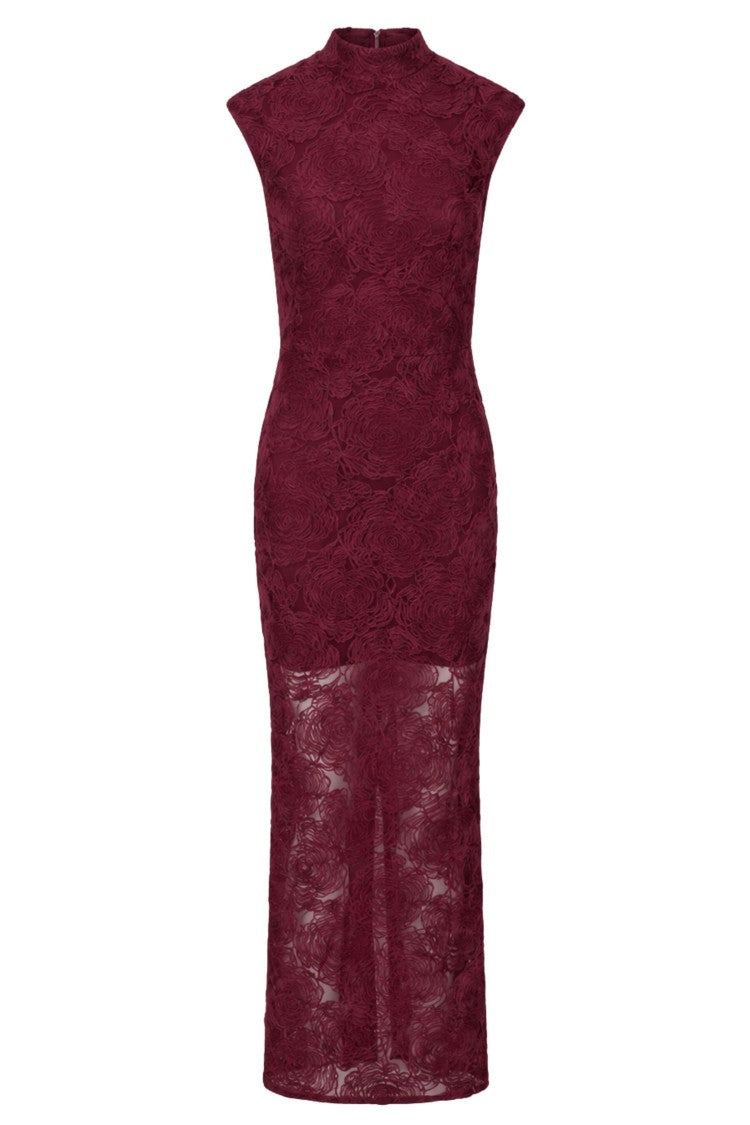Rotate Burgundy High Neck Textured Floral Mesh Maxi Dress