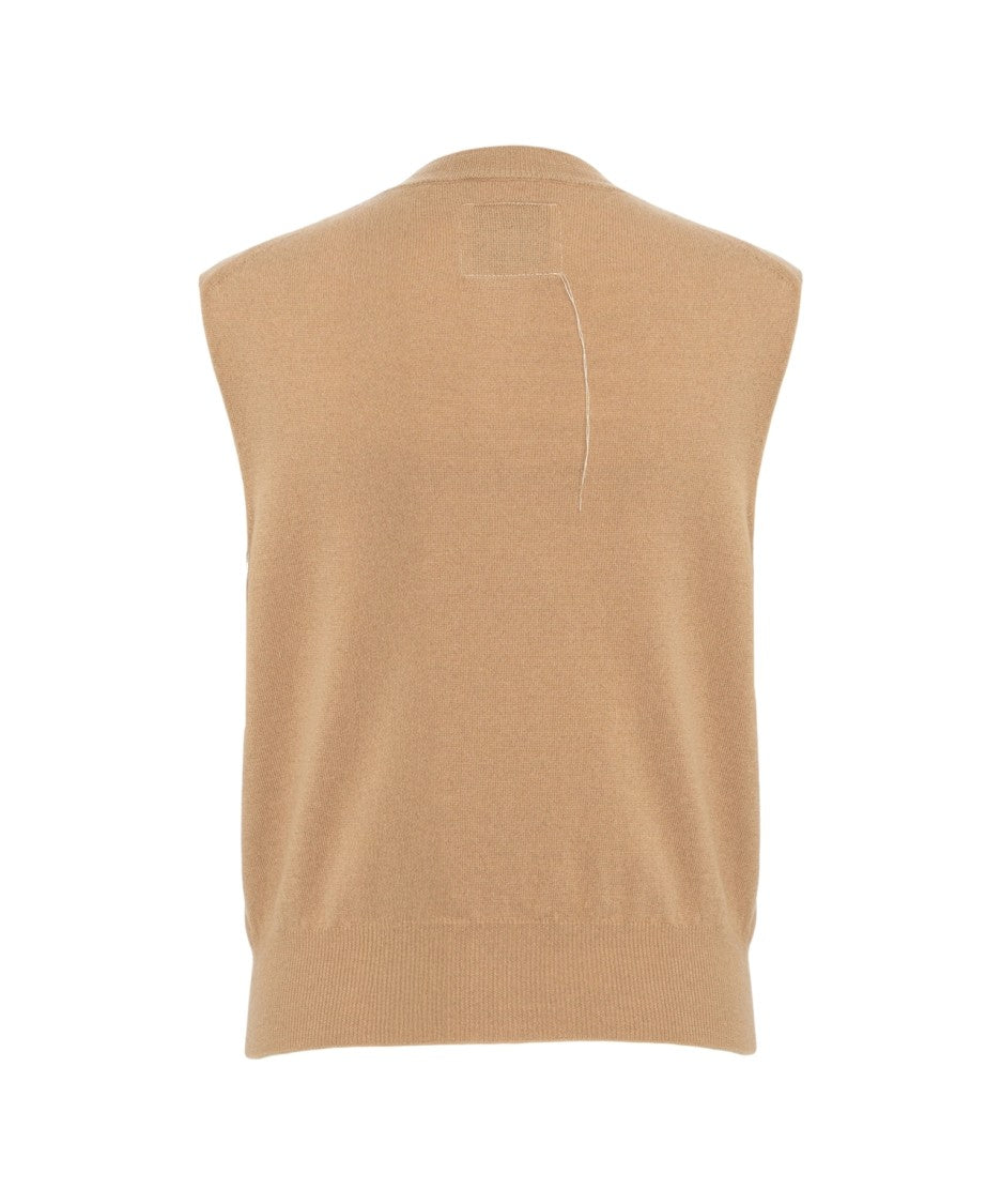 Jeio Beige Knit Vest With Classic Round Neckline And Button Closure