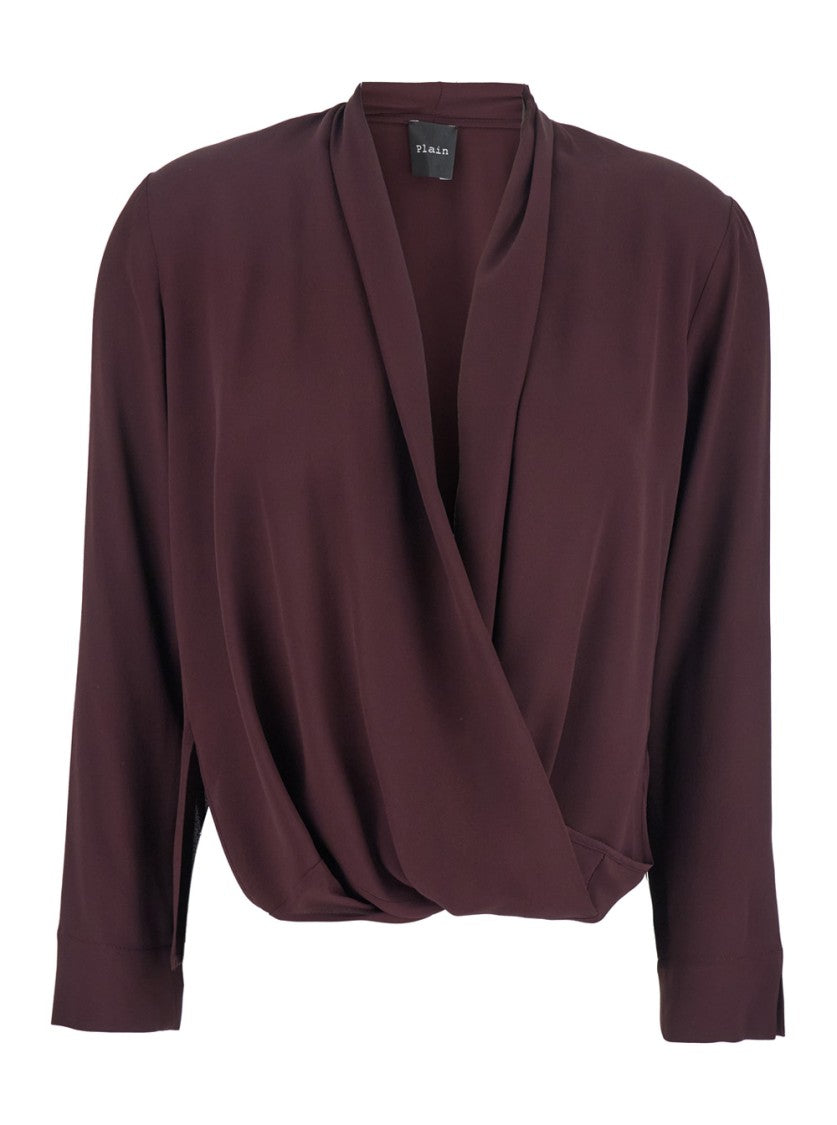 Plain Burgundy Wrap Georgette Blouse With Deep V-Neckline