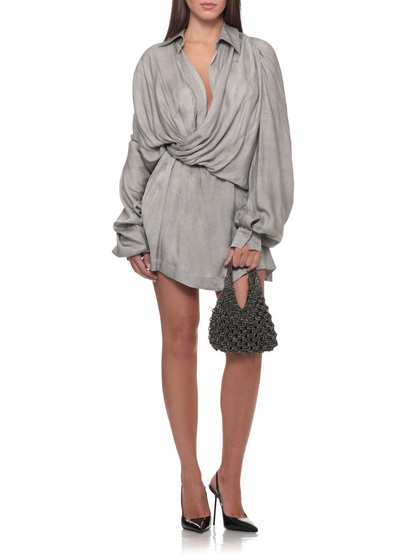 Hibourama Intricate Grey Hematite Jewelry Bag With Woven Crystal Design