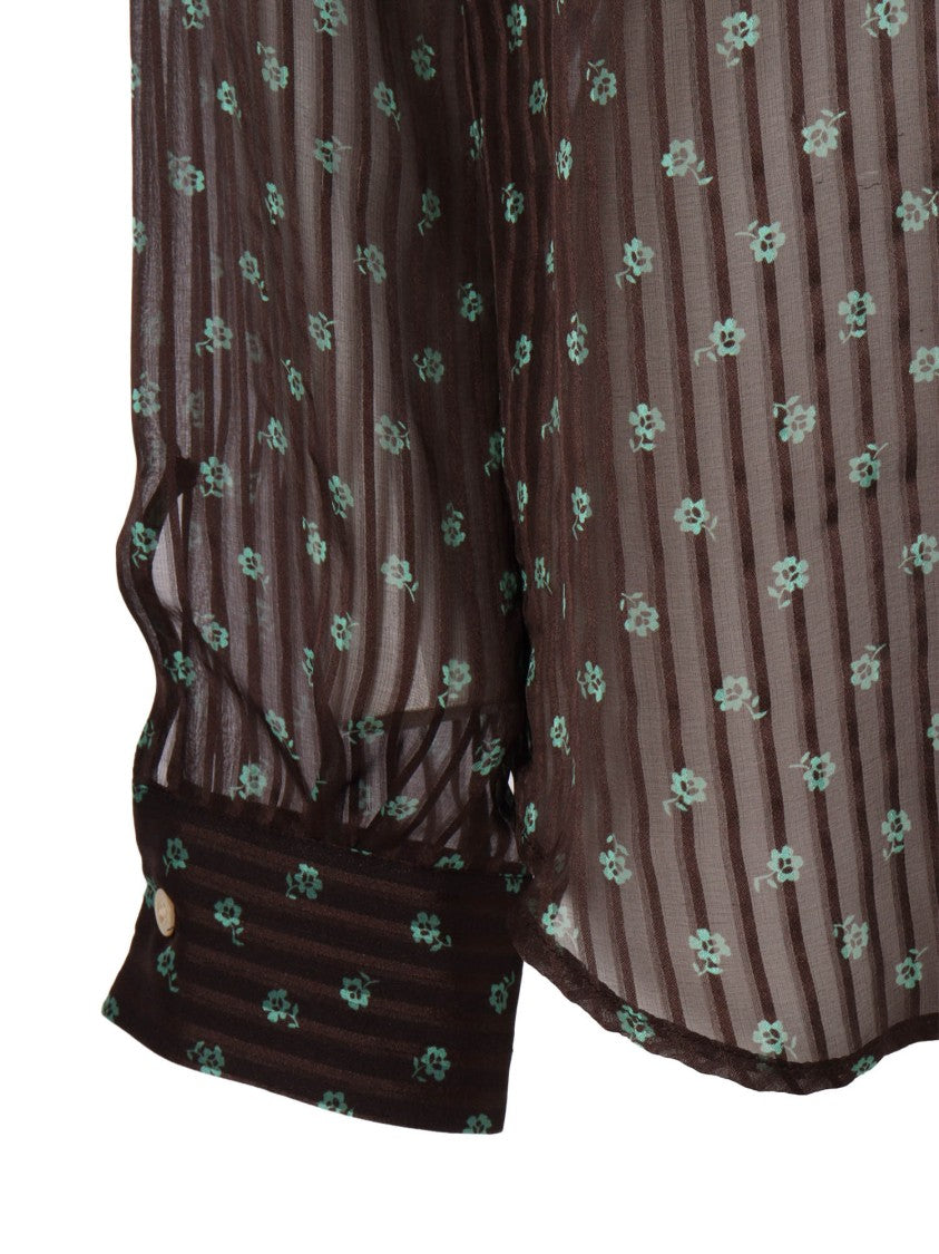 Mazzarelli Camicie Sheer Silk Blouse With Vertical Stripes And Floral Pattern