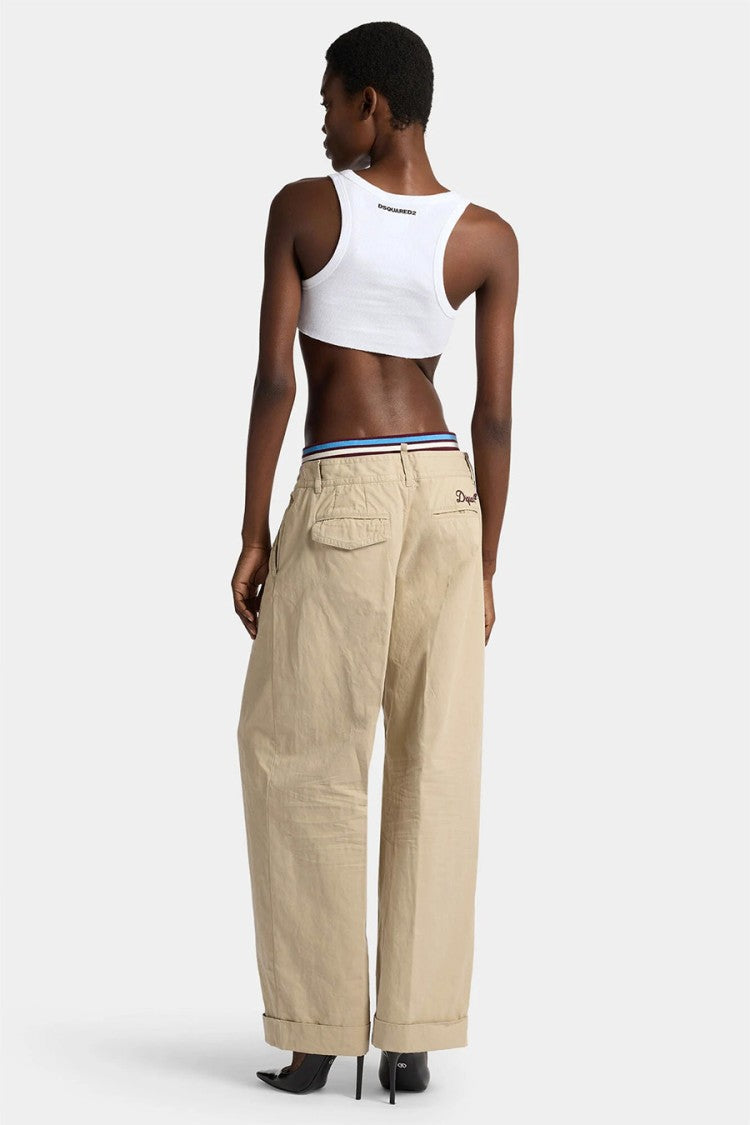 Dsquared2 Beige Contrast Striped Waistband Pleated Cotton Wide-Leg Pants