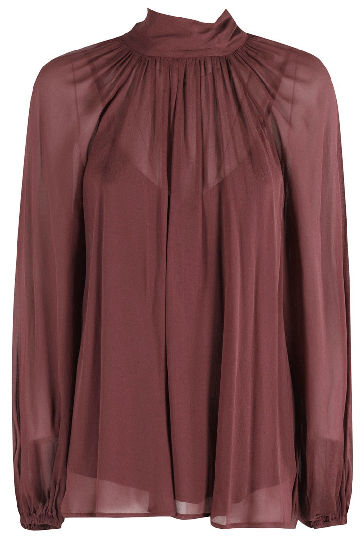 Isabelle Blanche High-Collar Blouse With Bow Sash