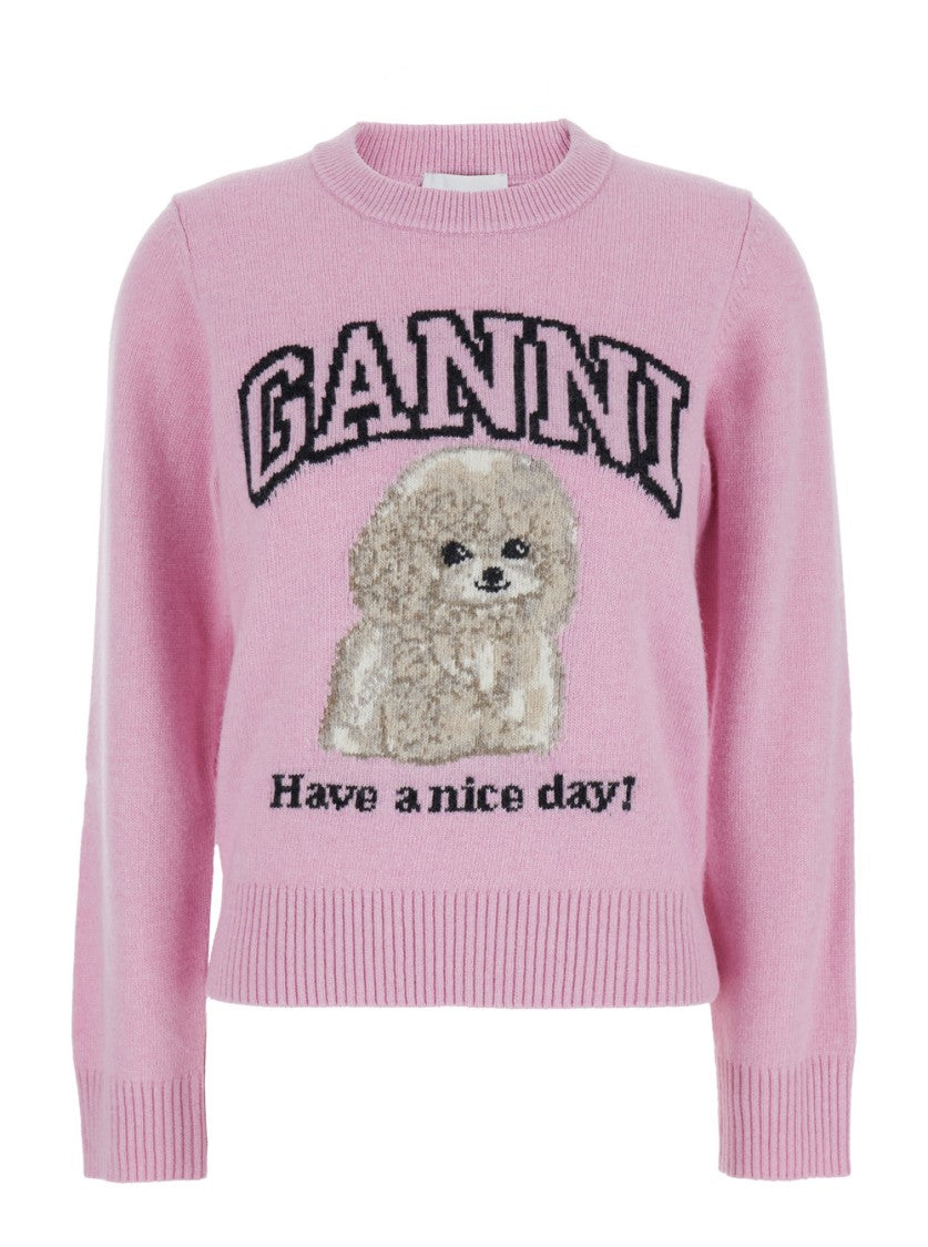 Ganni Pink Sweater With Round Neck