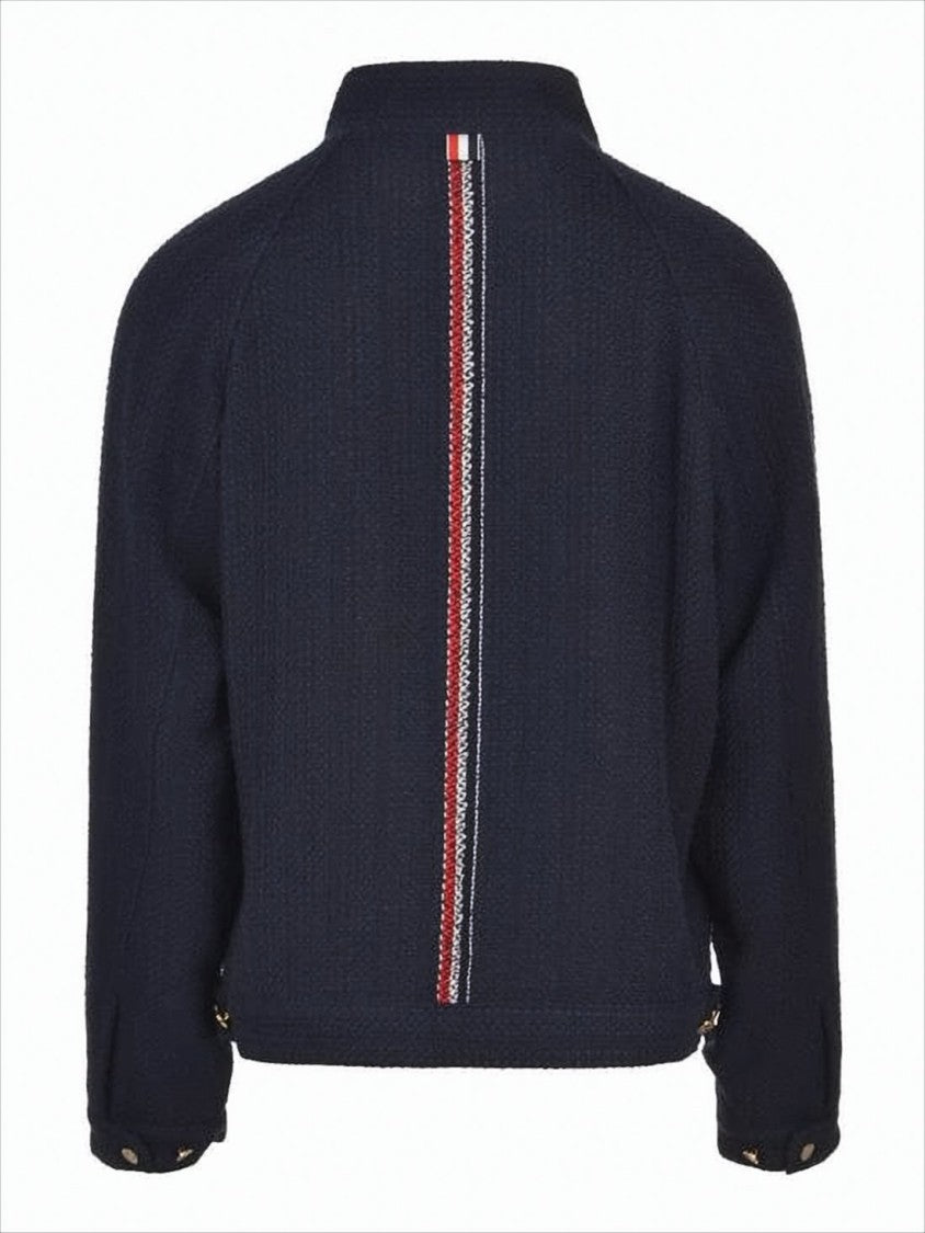 Thom Browne Textured Navy Casual Jacket With Gold-Tone Hardware And Tri-Color Stripe