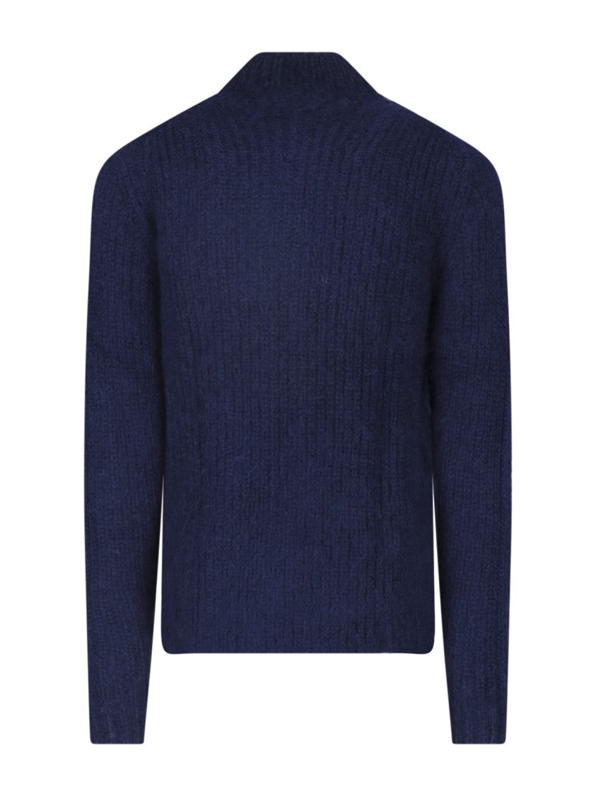 Aspesi Deep Blue Wool-Mohair Half-Zip Knit Sweater