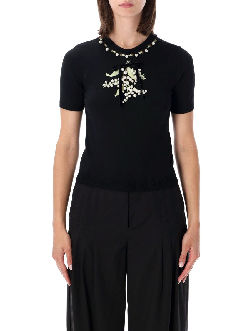 Valentino Garavani Short-Sleeved Knit Top With Floral Embroidery And Bow Detail