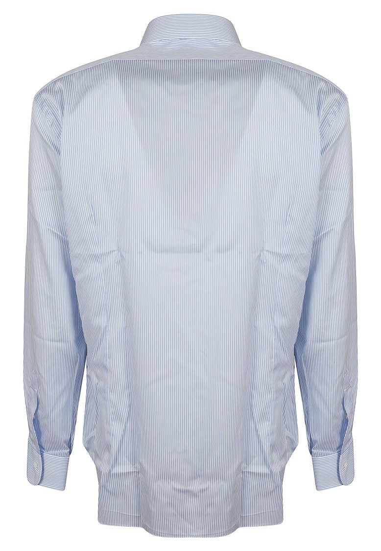 Barba Napoli White And Light Blue Striped Cotton Spread Collar Shirt