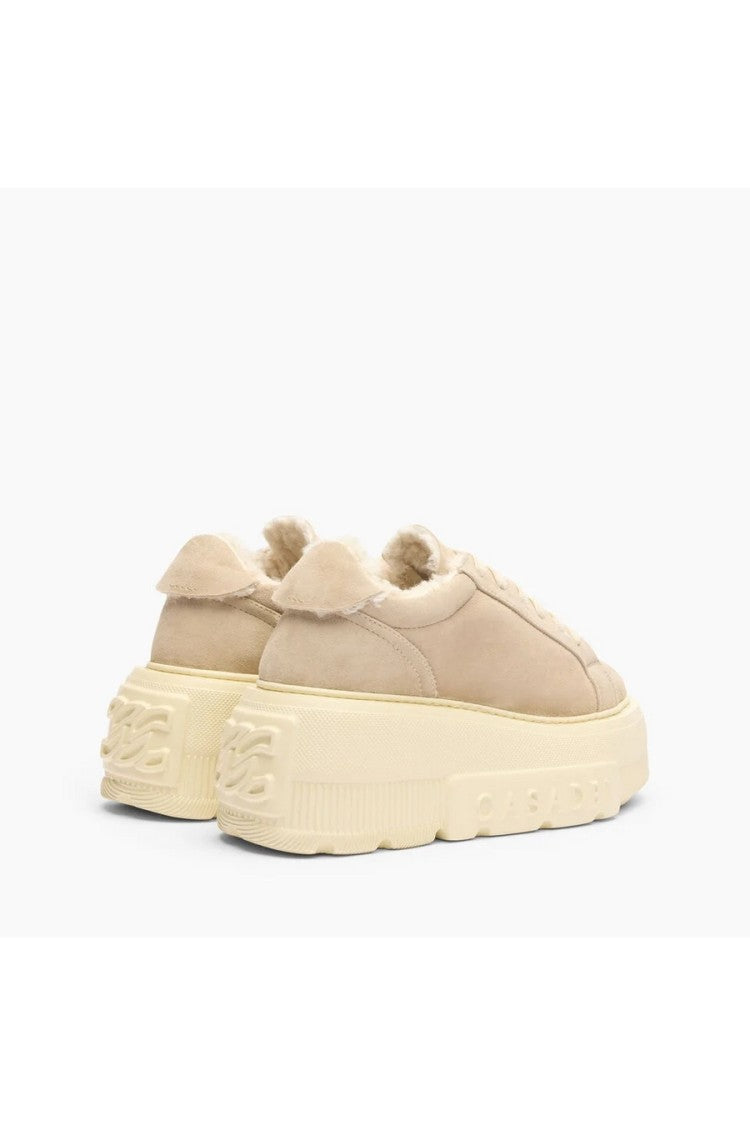 Casadei Beige Suede Shearling-Trim Platform Sneakers