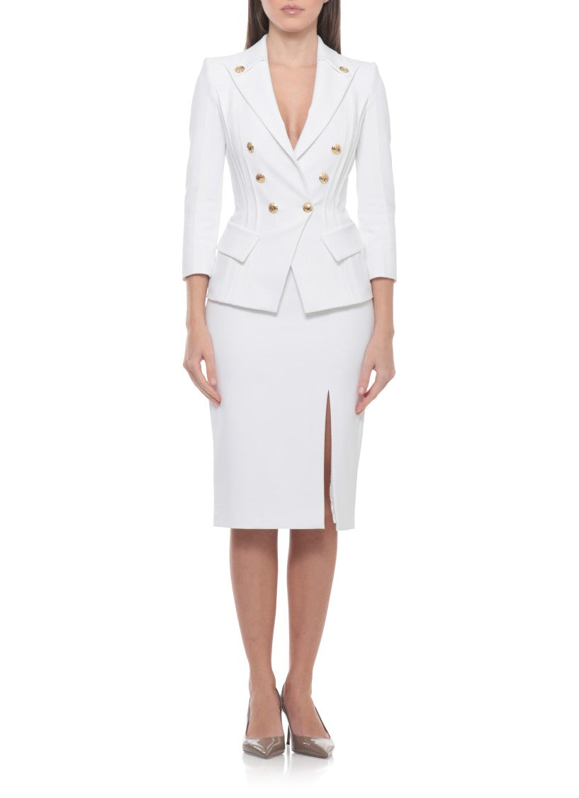 Elisabetta Franchi Ivory Double-Breasted Logoed Blazer