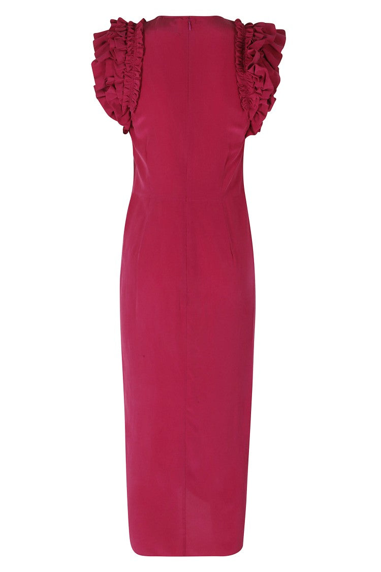 Isabel Marant Fuchsia Teriany Gd Ruffled-Sleeve Fitted Silk Midi Dress